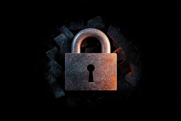 Aufkleber - A Futuristic Holographic Padlock Surrounded by Glitching Elements in a Dark Environment, Representing Security and Technology Concepts