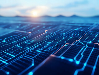 Aufkleber - A close-up view of a futuristic digital circuit landscape illuminated by blue lights against a serene background with mountains and a sunset.