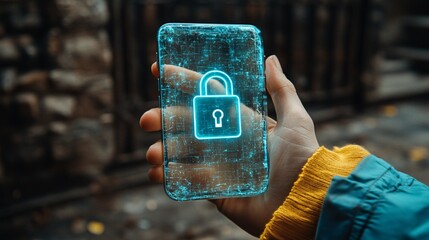 Fototapete - A hand reaching out to a floating holographic lock icon over a smartphone symbolizing fintech cyber protection with side empty space for text Stockphoto style