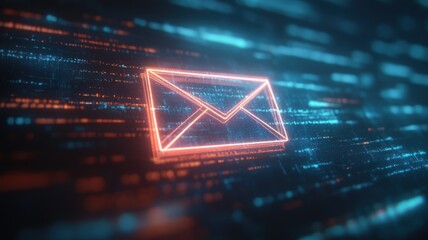 Poster - Futuristic Email Icon Surrounded by Glitches and Digital Glows, Representing Phishing and Cybersecurity Threats in a Tech-Inspired Environment
