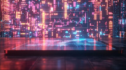 Fototapete - A floating holographic chart with key financial indicators such as ROI and stock prices symbolizing modern data insights with side empty space for text Stockphoto style