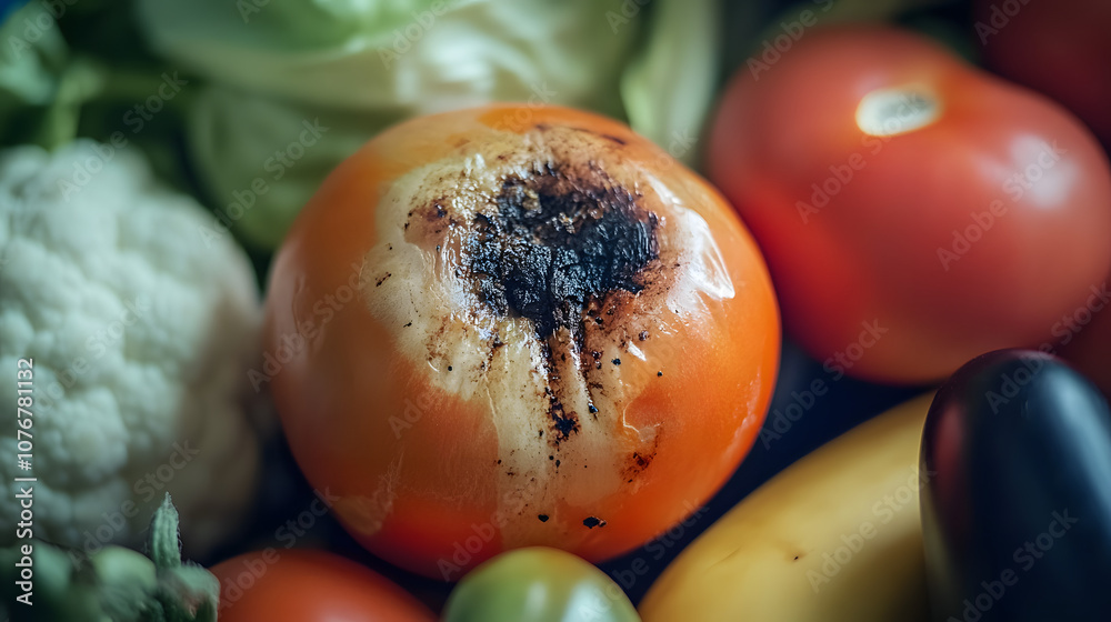 Stock-Foto „Fresh vegetables with a single rotten tomato in the center ...