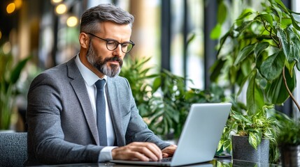 Fototapete - Professional seated on a co-working space sofa, typing on a laptop, with vibrant decor and collaborative energy in the background with side empty space for text Stockphoto style