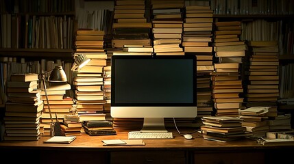 Fototapete - An organized workspace at home with a desktop computer, a stack of books, coffee, and personal decor, capturing the essence of a balanced home-office life with side empty space for text Stockphoto
