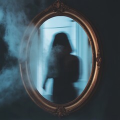 Wall Mural - A woman's reflection in a mirror with smoke in the background