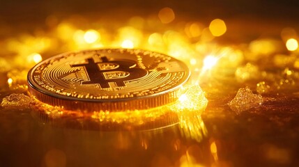 Wall Mural - A bright image of a cryptocurrency coin like Bitcoin with a radiant glow in the background symbolizing the future of digital currency with side empty space for text Stockphoto style