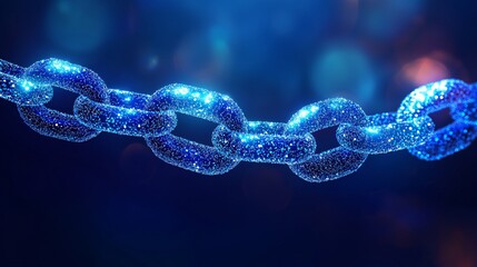 Fototapete - A visual representation of a blockchain network with abstract blocks linked together in a 3D graphic representing decentralized data storage with side empty space for text Stockphoto style