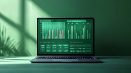 Wall Mural - A laptop showing a financial investment dashboard with growth charts and stock trade history emphasizing ease of self-directed investing with side empty space for text Stockphoto style