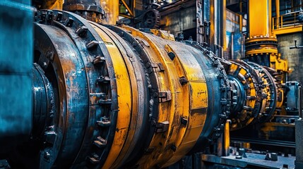 Poster - Close-up of a Large Industrial Machine with Yellow and Blue Components