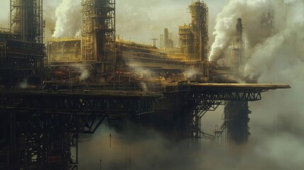 Poster - A Futuristic Industrial Complex Emitting Smoke and Steam