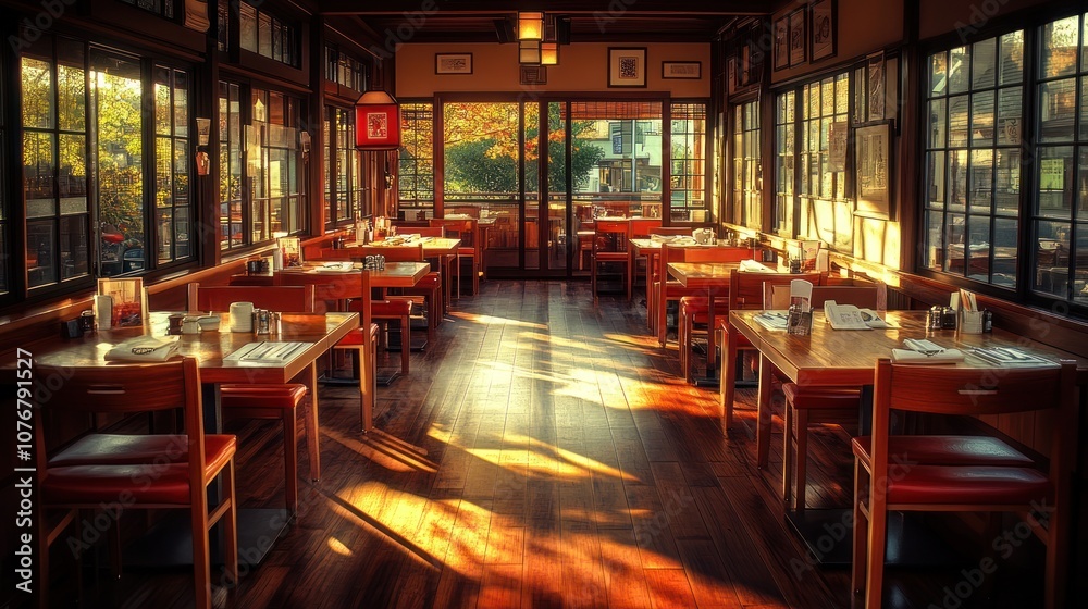 Empty Japanese restaurant with wooden tables and chairs, sun rays shining through the windows.