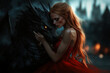 © Dmitriy - A beautiful girl in a red dress next to a black dragon on an ancient medieval fortress castle background, dragonlord, queen.....