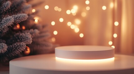 Poster - A softly lit room adorned for the holidays showcases a minimalist display platform illuminated from underneath, complemented by a lush Christmas tree decorated with warm lights.