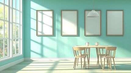 Wall Mural - Bright and Spacious Room with Teal Walls, Minimalist Wooden Table, and Empty Frames, Perfect for Art Display and Cozy Dining Atmosphere