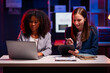 © MrAshi - Professional woman or manager with digital technology Happy reports and proposals, teamwork and tablets for night research Financial market data analysis results