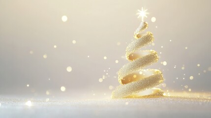Poster - A golden spiral Christmas tree with a star on top stands in a white snowy landscape. The tree has a shiny, glittery texture.