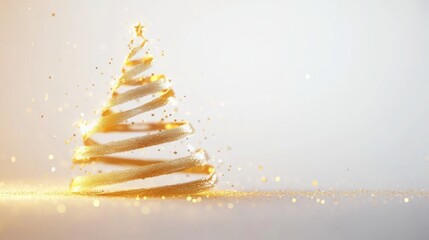 Leinwandbilder - A gold ribbon is twisted into a tree shape on a white background with a star on top. Gold glitter is scattered around the tree.