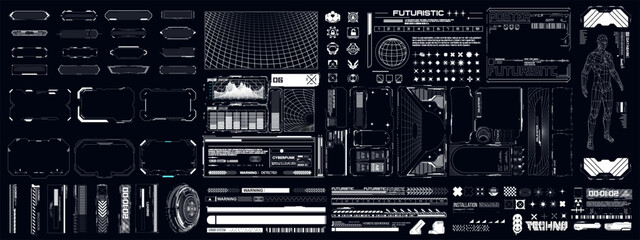 vector illustration of futuristic hud elements, digital interfaces, and tech components. ideal for c