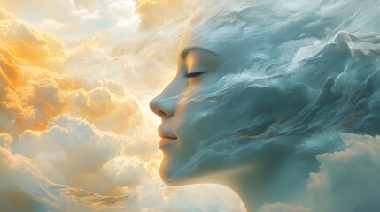 Poster - Ethereal Woman Surrounded by Soft Clouds in a Dreamlike Sky, Symbolizing Serenity and Imagination with a Palette of Warm and Cool Tones