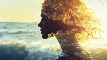 Aufkleber - Captivating Silhouette of a Woman Merging with Ocean Waves Creating a Dreamy and Ethereal Effect in Golden Sunlight at Dusk