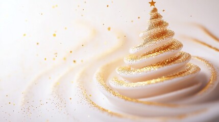 Poster - A stylized Christmas tree made of white swirls with golden glitter is the focal point of the image. Golden glitter is scattered across the background, creating a festive atmosphere.