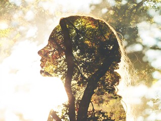 Aufkleber - Serene Profile Silhouette with Intricate Nature Overlay Featuring Lush Trees, Sunlight, and Gentle Breeze in Dreamy Ambiance for Artistic Representations of Harmony