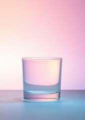 Poster - A glass is sitting on a table with a pinkish purple background