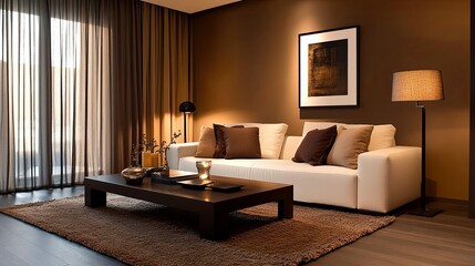 Wall Mural - Modern Living Room with White Sofa and Brown Accents