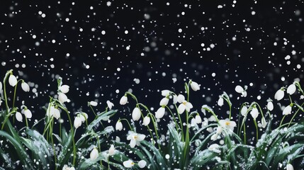 Wall Mural - Delicate snowdrops bloom amidst falling snowflakes in a serene winter landscape