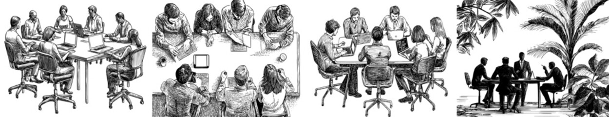 Poster - Various people, including office workers and remote workers, participate in a virtual meeting by video call. Colored flat modern illustration isolated on a white background.