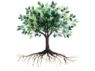Poster - Watercolor of a tree with deep anchoring roots and soft verdant leaves symbolizing stability harmony and the interconnectedness of nature  This minimal