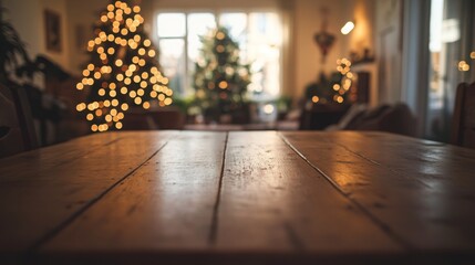 Poster - A inviting living room adorned with two beautifully lit Christmas trees, creating a warm and cheerful atmosphere. The wooden table in the foreground adds a rustic charm, enhancing the holiday spirit.