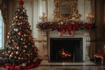 Wall Mural - Elegant holiday interior with decorated christmas tree and festive fireplace