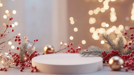Poster - A white, round pedestal sits in the center of the image. Surrounding the pedestal are sprigs of pine, red berries, and gold ornaments.