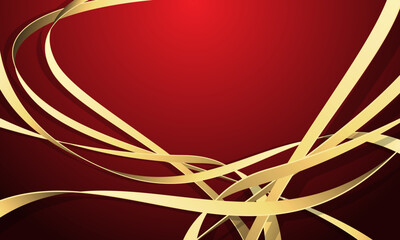 Abstract gold ribbons wave curve woven on red design luxury background vector