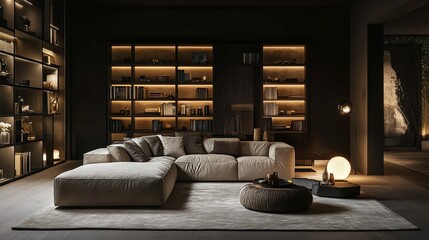 Wall Mural - Modern living room with sectional sofa, bookshelves, and warm lighting