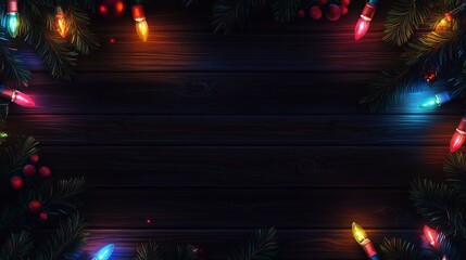 Wall Mural - Festive christmas lights and pine garlands on dark wooden background