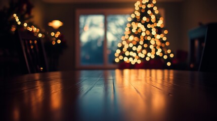 Poster - A large wooden table reflects warm light as a beautifully decorated Christmas tree glows in the background. The cozy living room is adorned with soft decorations, creating a festive atmosphere.