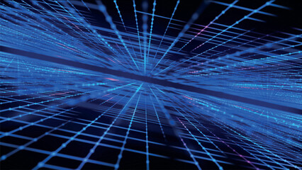 Poster - Abstract wireframe landscape. Vector perspective grid on dark background. Detailed lines on black background. Checkered background. Detailed grid lines in infinity
