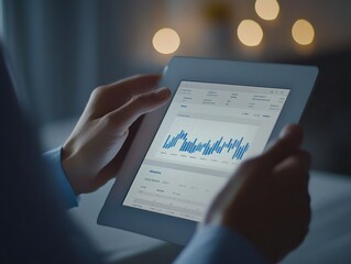 Poster - a business professional examines financial charts on a digital tablet, focusing on return on investm