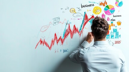 Poster - a person analyzes a dynamic chart on a wall, illustrating business trends and strategies, highlighti