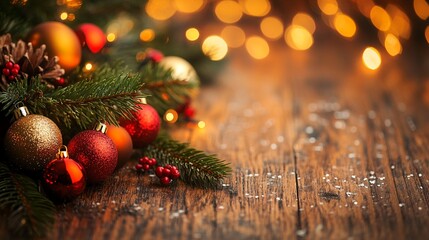 Wall Mural - Festive Christmas ornaments and pine branches on rustic wooden table with warm glowing bokeh lights creating a cozy holiday atmosphere.