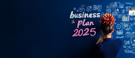 Poster - a person writes a colorful business plan for 2025 on a dark blue wall, surrounded by various visual 