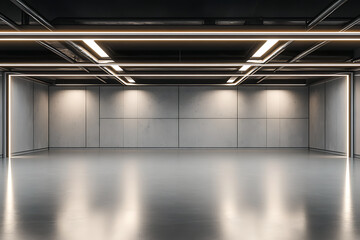 Industrial design project empty hall with led lights on top, grey walls and glossy concrete floor. 3D rendering, mock up 