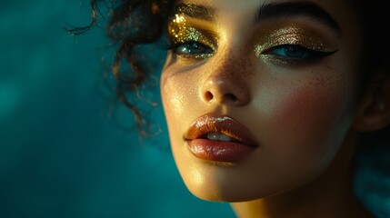 Poster - A woman with curly hair showcases bold eye makeup featuring glitter and dramatic eyeliner. Her skin glows under soft lighting, highlighting her facial features, creating a striking and artistic look.