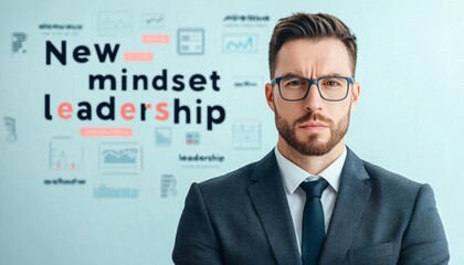 Poster - A serious professional man stands in front of a backdrop featuring concepts of leadership and a new mindset.