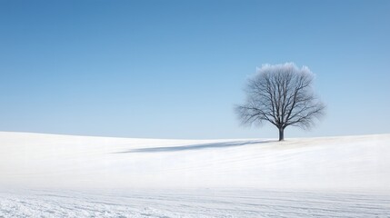 Wall Mural - Solitary bare tree silhouetted on snowy hilltop against clear winter blue sky, copy space