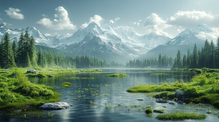 Wall Mural - Serene mountain landscape with a tranquil river and lush greenery.