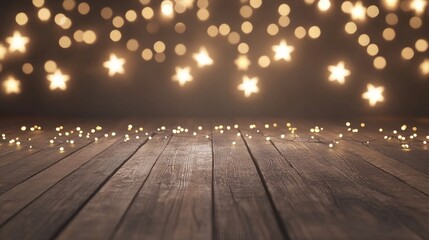 Wall Mural - Festive starry lights on wooden floor for holiday celebration background