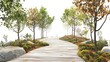 © Star - Series of tree illustrations with textures of terraced wood and detailed leaf structure, for city park paths, pure white background